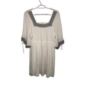 Miami Embroidered Square‎ Neck Tiered Peasant Mini Dress Ivory Womens Large Boho